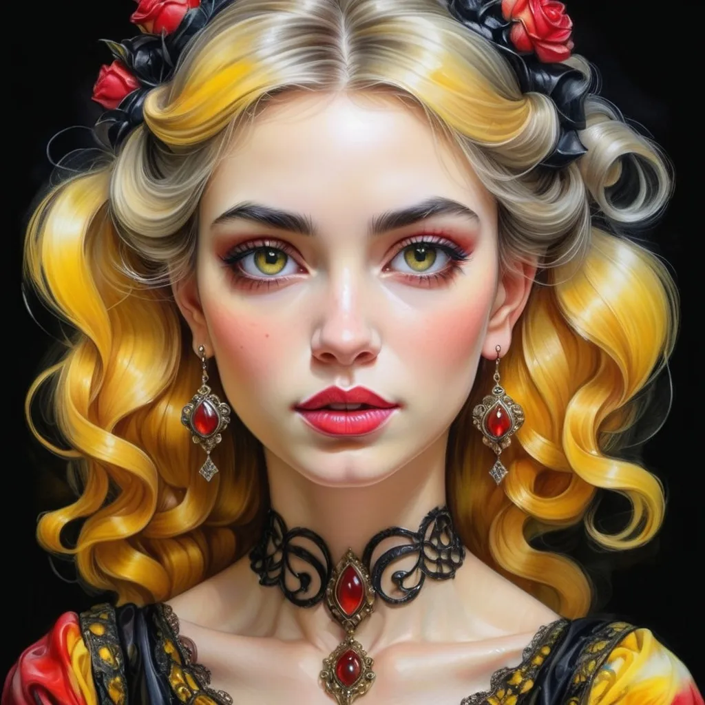 Prompt: <mymodel> beautiful woman, hair pinned up, yellow red black dress, earrings, Watercolor, trending on artstation, sharp focus, studio photo, intricate details, highly detailed, by  Josephine Wall and Jasmine Becket-Griffith