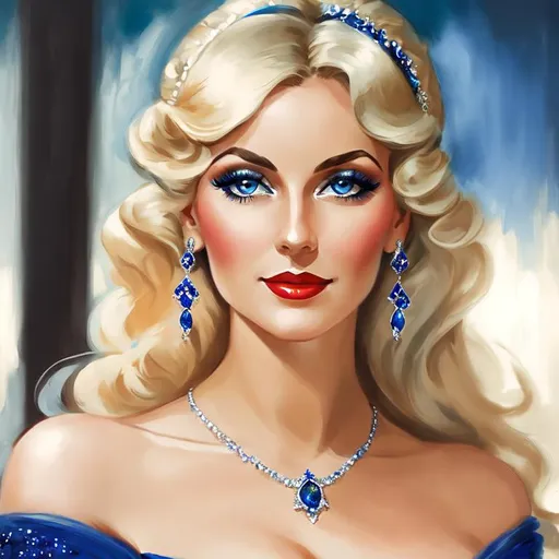 Prompt: Glamorously dressed lady of rhe 1930's wearing sapphire jewelry,blue eyes