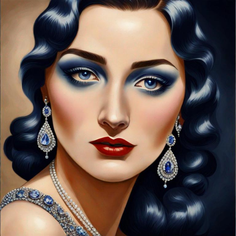 Prompt: Glamorously dressed lady of rhe 1930's wearing sapphire jewelry