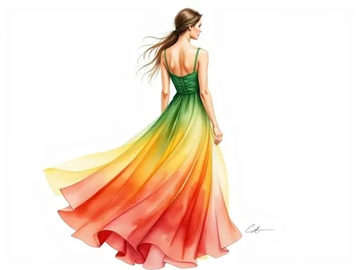 Prompt: This is a digital drawing of a woman viewed from the back, showcasing a vibrant, gradient evening gown. The dress features a smooth, flowing design with thin, green spaghetti straps that contrast with the bold colors of the gown. The gradient transitions from dark green at the top, through bright yellow in the middle, to a rich orange and finally a deep red at the hem. The fabric of the dress appears to be lightweight and silky, with gentle folds and a slight wave, suggesting a soft, flowing texture. The woman has long, brown hair that is tied in a low ponytail, and her hair is gently blowing to the right, adding a sense of motion to the image. The background is entirely white, making the colors of the dress stand out prominently. The artist's signature is located in the bottom right corner of the image. The overall style is modern and elegant, with a focus on the graceful flow of the dress and the simplicity of the composition. The image emphasizes the beauty and movement of the dress, with a clean, minimalistic approach.