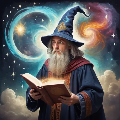 Prompt: Confused wizard, hold a book, painted style, Renaissance, thinking, galaxy coming out of his head, child