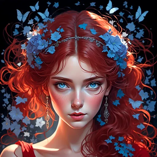 Prompt: A lady in red, blue eyes, Auburn hair, facial closeup<mymodel>