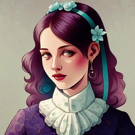 Prompt: Vintage-inspired illustration of a girl, purple and turquoise attire, retro theme, soft pastel color palette, nostalgic mood, detailed floral patterns on clothing, curly hair with vintage accessories, rustic background, artistic rendering, vintage, pastel tones, detailed clothing, curly hair, nostalgic, soft lighting