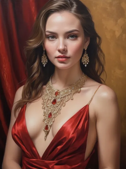 Prompt: <mymodel>Realistic oil painting of a powerful and elegant woman, flowing red gown, intricate jewelry, captivating gaze, detailed facial features, high quality, realistic, oil painting, elegant, flowing gown, powerful, captivating gaze, detailed facial features, intricate jewelry, professional lighting