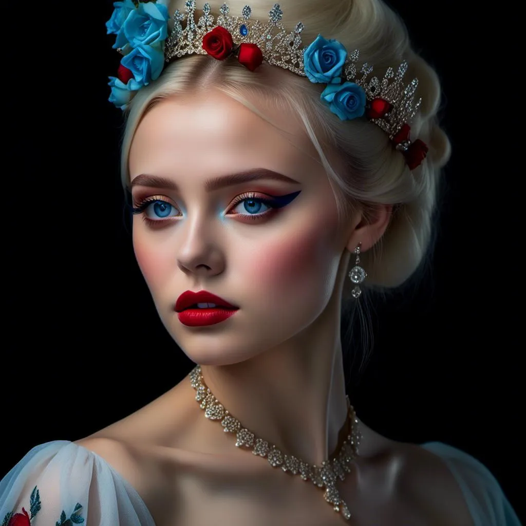 Prompt: <mymodel>Fairy tale, beautiful girl with white skin, (perfect face), light golden hair, blue pupils, red lips, forest style, mysterious, vintage fashion-dresses, with a transparent crystal crown on her head, the woman's body is so white Glows, (high detail) sitting on an oversized red rose, hyperdetail, ultra high definition.