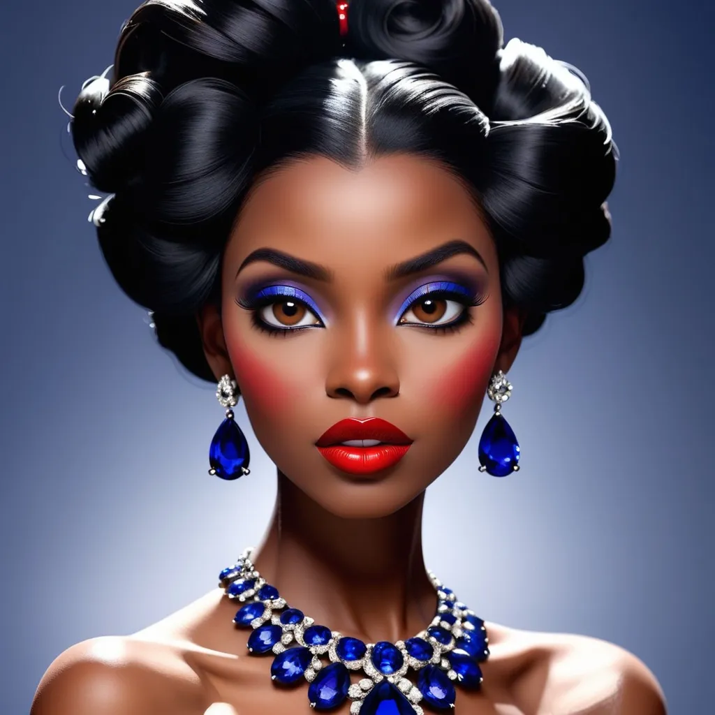 Prompt: African-American woman with  very dark complexion, elegant, black hair in an updo, pretty makeup, red lips, wearing sapphire jewelry, facial closeup
