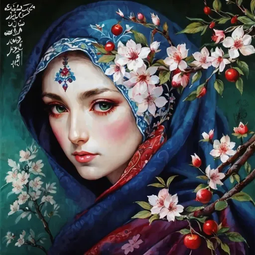 Prompt: A colorful design in the dimensions of 140x140 centimeters, its main theme is white and red, there are pomegranates and cherry blossoms in it, and some green leaves and branches and traditional Iranian designs are used, and there are small birds in it.