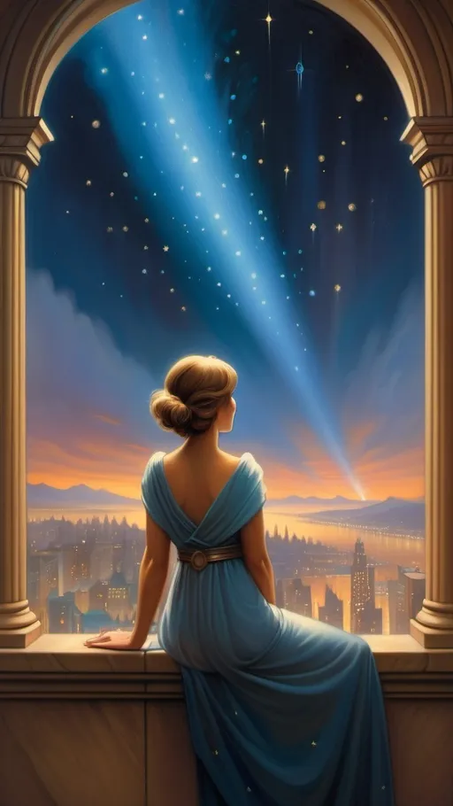 Prompt: a painting of a woman looking at the stars in the sky over a cityscape with a view of the city, Christophe Vacher, fantasy art, kinkade, an art deco painting