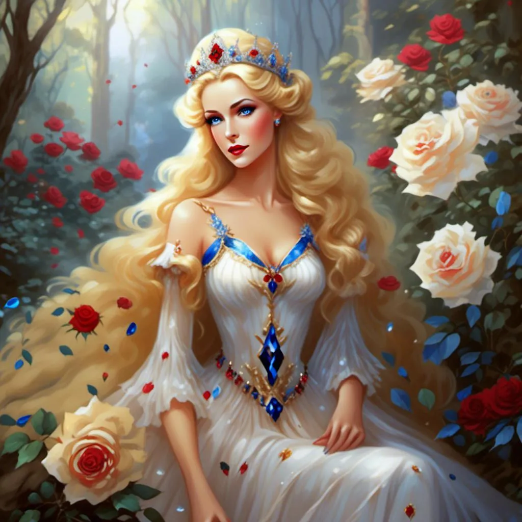 Prompt: <mymodel>Fairy tale, beautiful girl with white skin, (perfect face), light golden hair, blue pupils, red lips, forest style, mysterious, vintage fashion-dresses, with a transparent crystal crown on her head, the woman's body is so white Glows, (high detail) sitting on an oversized red rose, hyperdetail, ultra high definition.<mymodel>