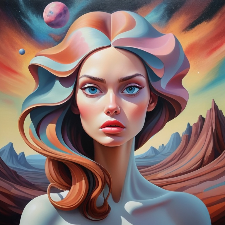 Prompt: Surreal portrait of beautiful female, cosmic landscape background, acrylic on canvas in style of post modernism 