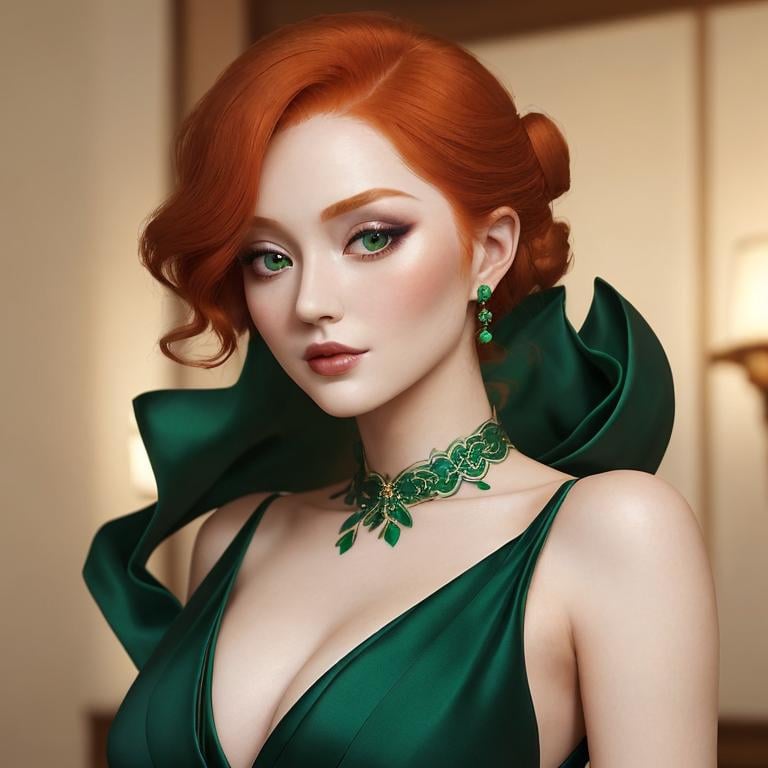 Prompt: Elegantly dressed lady,  emerald evening gown, ginger hair in an uodo, pretty makeup, facial closeup