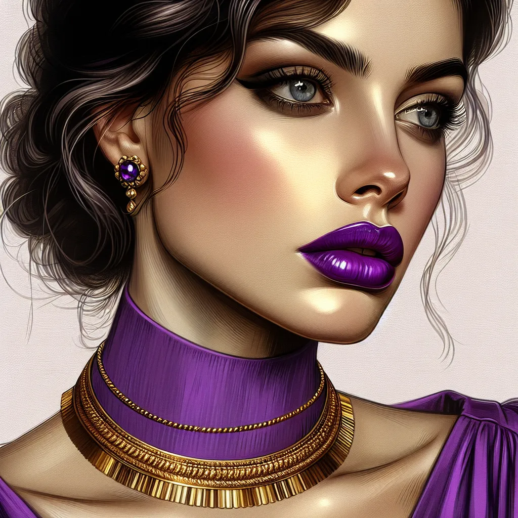 Prompt: <mymodel> a woman with purple lipstick and a necklace on her neck and a purple shirt on her chest and a gold necklace on her neck, Artgerm, photorealism, highly detailed digital painting, a photorealistic painting