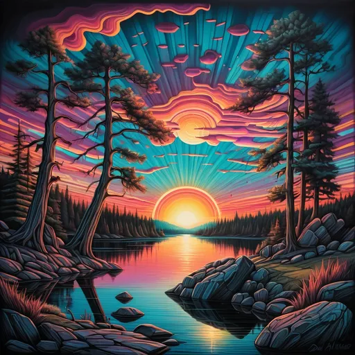 Prompt: a painting of a sunset over a lake with trees and rocks in the foreground and a sunset in the background, Dan Mumford, psychedelic art, sun, an airbrush painting