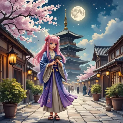 Prompt: This is a digital anime-style illustration depicting a serene nighttime scene in a traditional Japanese village. The focal point is a young woman with long, flowing pink hair adorned with a small, delicate hairpiece. She is wearing a traditional Japanese kimono with a deep blue and purple gradient, adorned with subtle floral patterns, and a beige undergarment. Her kimono is long, reaching her ankles, and she is wearing black geta sandals. She stands confidently in the center of a cobblestone pathway, holding a small, ornate fan in her hands.

The background features a beautifully lit, traditional Japanese pagoda with multiple tiered roofs, topped with a golden spire. Cherry blossom trees with pink blossoms frame the scene on both sides, their branches extending overhead. The sky is a clear, starry night, with a large, full moon illuminating the scene from above. On either side of the pathway, there are traditional wooden buildings with warm, yellow lanterns glowing from their windows, adding to the tranquil ambiance. Potted plants with green foliage are placed at the base of the buildings. The overall composition combines elements of traditional Japanese architecture with a magical, nighttime atmosphere, highlighting the peaceful beauty of the village.