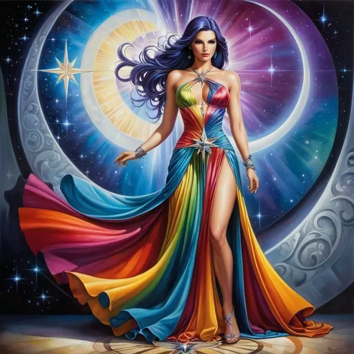 Prompt: a woman in a colorful dress with a star in the background of a painting of a woman in a colorful dress, Anne Stokes, fantasy art, mystical colors, an art deco painting