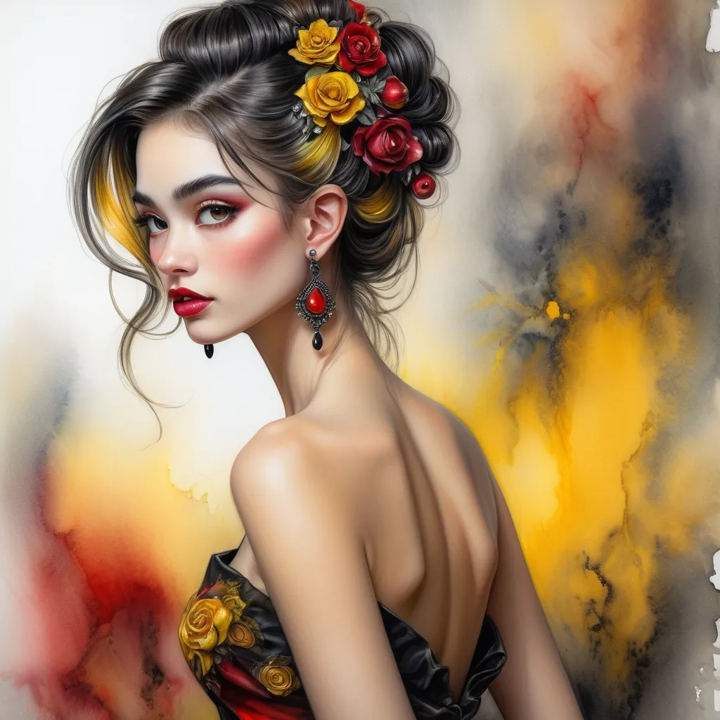 Prompt: <mymodel> beautiful woman, hair pinned up, yellow red black dress, earrings, Watercolor, trending on artstation, sharp focus, studio photo, intricate details, highly detailed, by  Josephine Wall and Jasmine Becket-Griffith