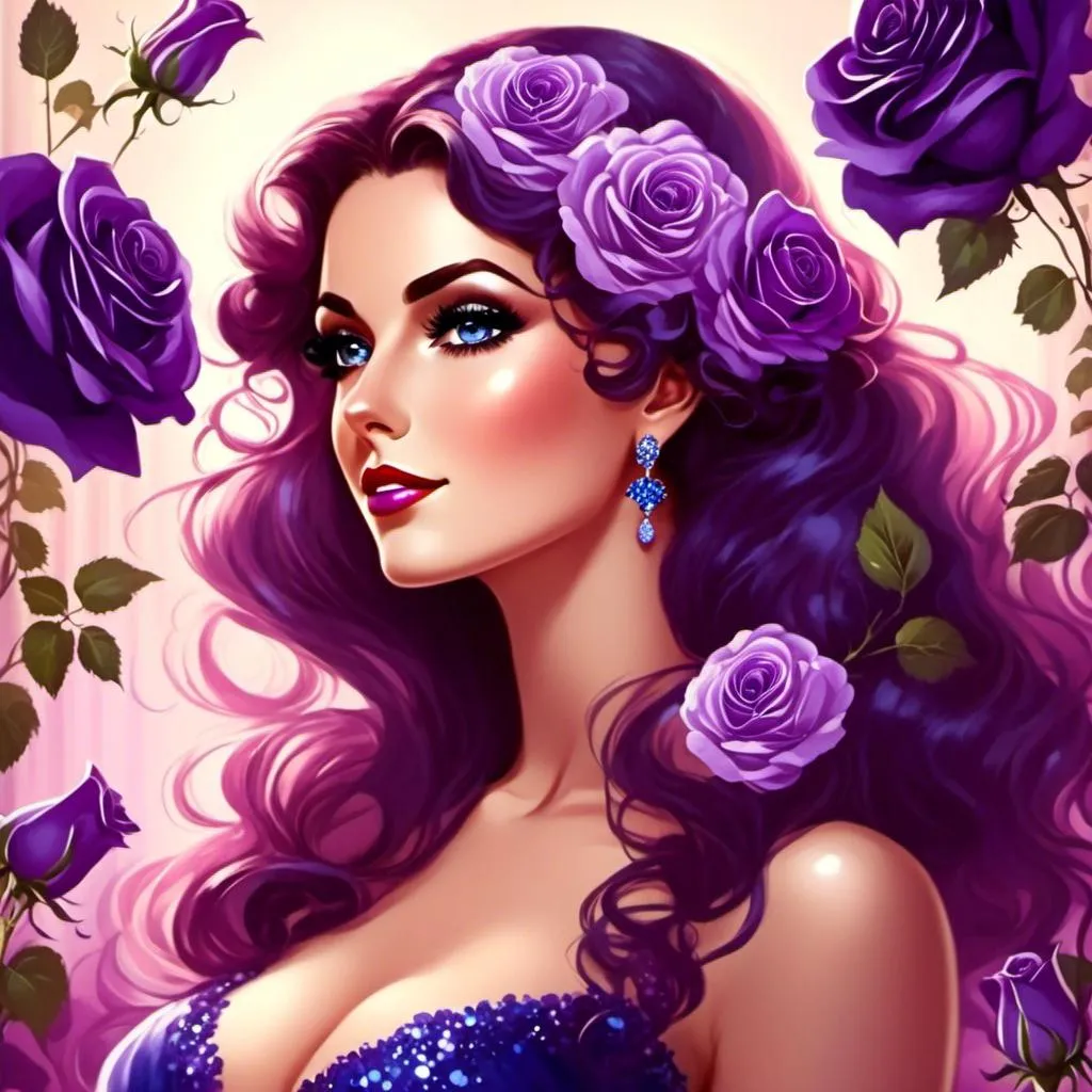 Prompt: <mymodel>Beautiful and Gorgeous woman, purple roses in hair