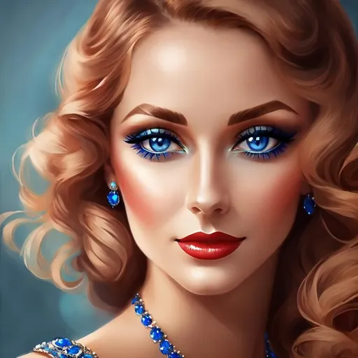 Prompt: Glamorously dressed lady of rhe 1930's wearing sapphire jewelry,blue eyes