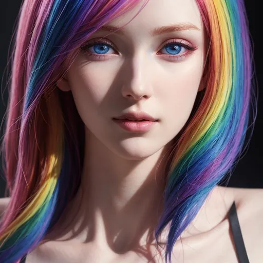 Prompt: HDR, UHD, 64k, best quality, pale skin, unrealistically, multicolored hair,  UHD, hd , 64k, , hyper realism, Very detailed, full body, hyper realism, Very detailed, female anime, slender body, in hyperrealistic detail, rainbow hair, facial closeup