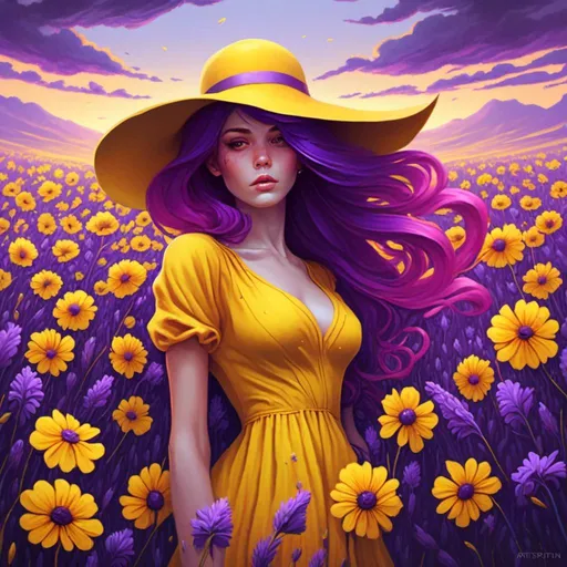 Prompt: <mymodel> a woman with purple hair wearing a yellow dress and a yellow hat in a field of flowers with a purple sky, Artgerm, fantasy art, trending on art station, a digital painting