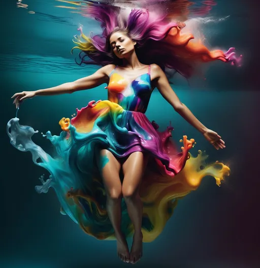 Prompt: a woman in a colorful dress floating in the water with her hair  floatingand her body painted with colors, Alberto Seveso, visual art, vivid colors, an airbrush painting