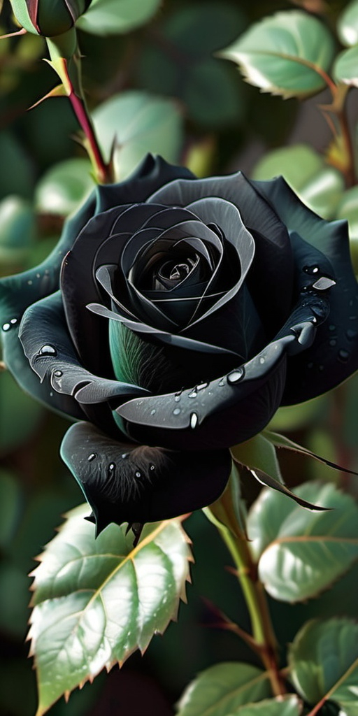 Prompt: A pitch black rose with dark green foliage