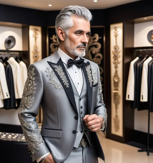 Prompt: A man with grey hair wearing a nice men's suit for music performance with embroidery and handwork of rhinestones on shoulders and arms in a luxurious showroom very classy and chic for music performance singer elegant and fancy full body