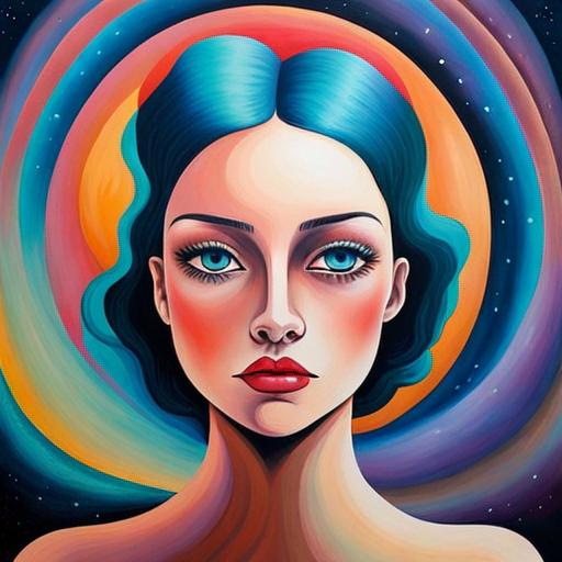 Prompt: Surreal portrait of beautiful female, cosmic landscape background, acrylic on canvas in style of post modernism 