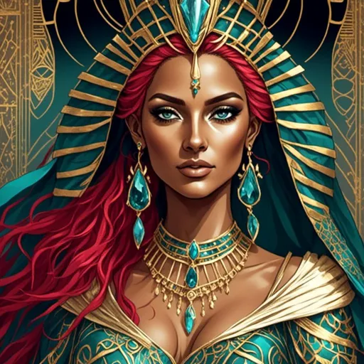 Prompt: <mymodel> Fantasy illustration of a powerful Egyptian sorceress, vibrant gold and teal color palette, ancient pyramids in the background, flowing silk garments with intricate hieroglyphic patterns, majestic headdress adorned with gemstones, mystical glowing staff, high quality, detailed fantasy, Egyptian, mystical, powerful sorceress, gold and teal, ancient pyramids, flowing garments, hieroglyphic patterns, majestic headdress, glowing staff, fantasy illustration, vibrant colors, mystical atmosphere