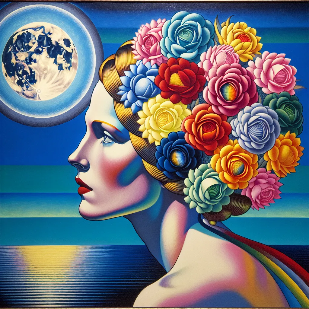 Prompt: a painting of a woman with flowers in her hair and a blue sky behind her is a full moon, Edwin Georgi, pop surrealism, tristan eaton, an art deco painting