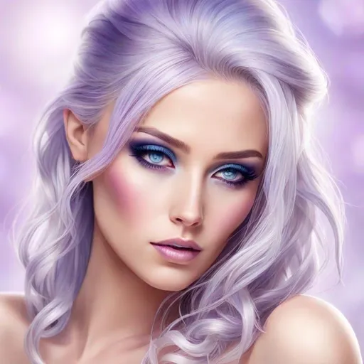 Prompt: A beautiful woman, white hair with pastel purple highlights, violet eyes, blue eyeshadow, pastel blue roses in her hair, blue jewels on forehead, cartoon style