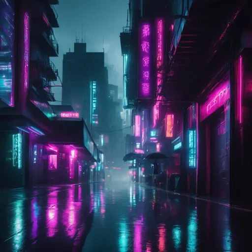 Prompt: Rainy cityscape with neon lights, cyberpunk, futuristic buildings, reflections on wet pavement, detailed drops of rain, moody atmosphere, high quality, cyberpunk, futuristic, rainy, neon lights, detailed raindrops, urban, atmospheric lighting