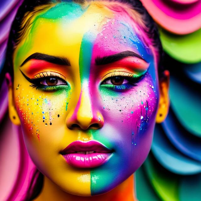 Prompt: female face dripping  paint in rainbow colors, facial closeup