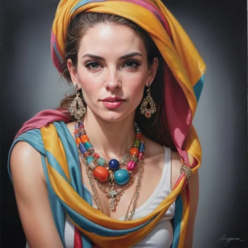 Prompt: a painting of a woman wearing a colorful scarf and earrings with a necklace on her neck and a necklace on her neck, Artgerm, photorealism, extremely detailed oil painting, a photorealistic painting