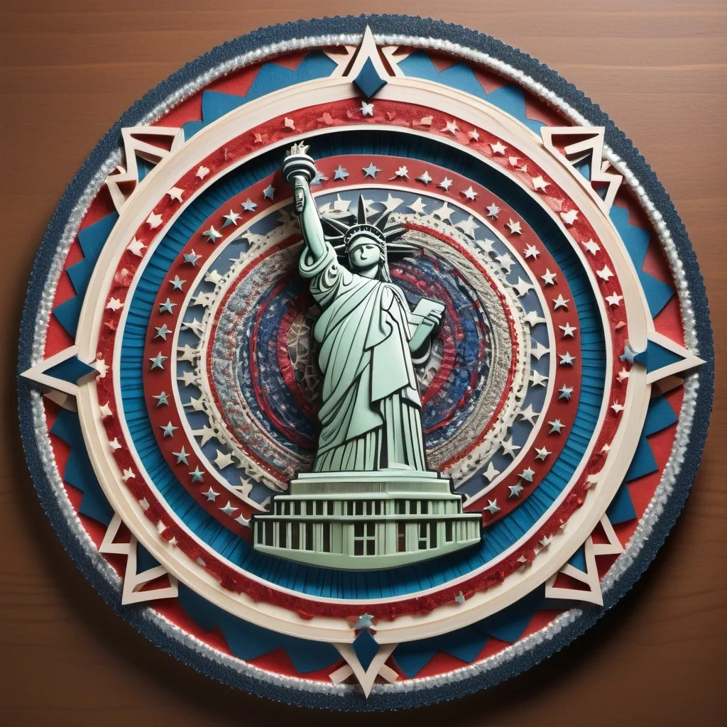 Prompt: Craft intricate mandala infused with symbols of freedom, like the Liberty
Bell, Statue of Liberty, and American flag, symbolizing unity and liberty for all 