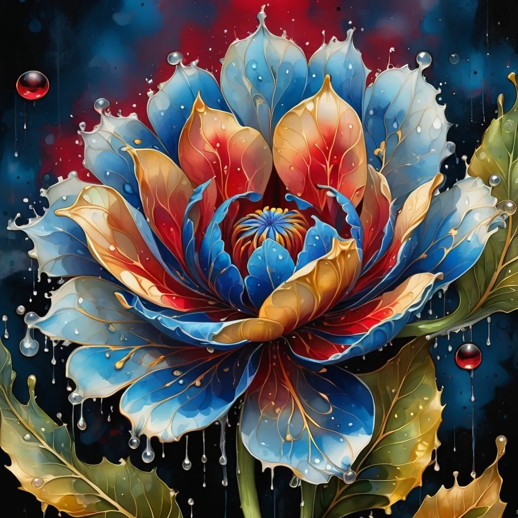 Prompt: digital watercolor painting, a painting of a blue and gold flower with drops of water on it's petals and leaves on the petals, Android Jones, generative art, fractals, an airbrush painting, paint splatter, black and red, bold brush strokes, art nouveau