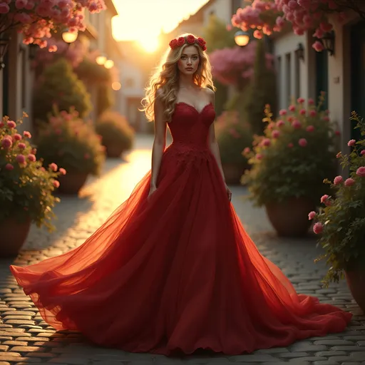 Prompt: Amidst a charming cobblestone pathway, a striking woman stands, adorned in a flowing, deep red gown that catches the golden light of the setting sun. Her vibrant, wavy hair cascades down her shoulders, complementing a delicate crown made of roses, enhancing her ethereal beauty. The rich textures of her dress, combined with intricately detailed lace, create a luxurious visual, while a gentle breeze appears to animate the fabric. Surrounding her are lush, vibrant flowers in shades of pink, framing the scene with a romantic ambiance, as quaint, well-lit buildings provide a nostalgic backdrop. The overall atmosphere is enchanting, evoking a tale of grace and timeless elegance in a tranquil sunset setting.