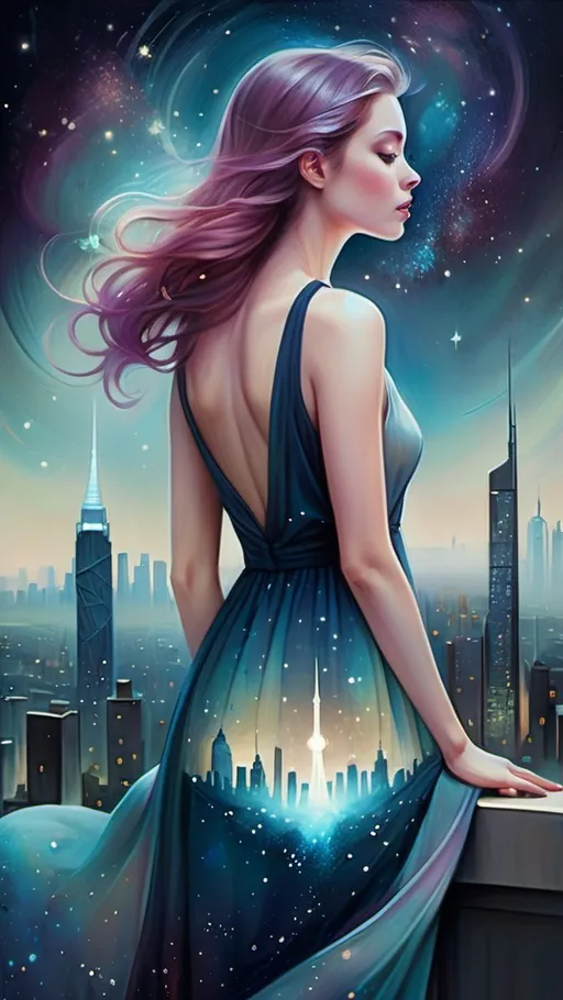 Prompt: a painting of a woman in a long dress with a city skyline in the background and stars in the sky, Anna Dittmann, space art, galaxy, a detailed painting