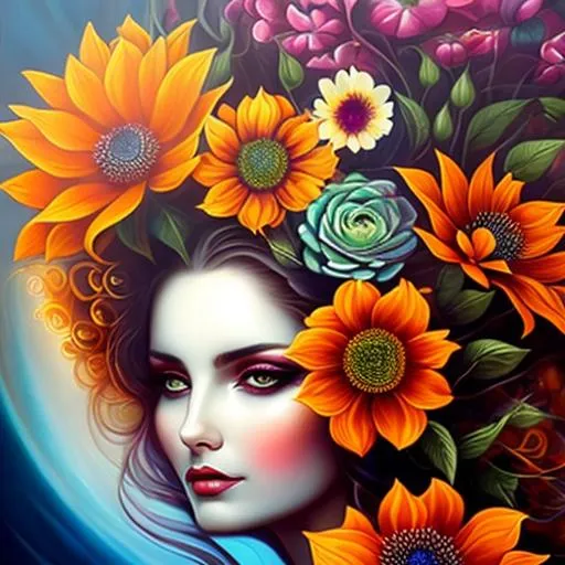 Prompt: Beautiful  hybrid woman with flowers sprouting from her, oil painting, detailed fiery eyes, ethereal glow, dark and mysterious, high quality, vibrant colors, surreal, haunting, intricate floral details, intense gaze, mystical atmosphere, oil painting, demon, hybrid, fiery eyes, ethereal, vibrant colors, surreal, haunting, floral details, intense gaze, mystical atmosphere