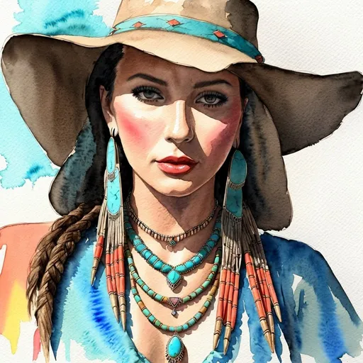 Prompt: <mymodel>watercolor and pen sketch of a beautiful young woman dressed in southwestern style and turquoise jewelry.