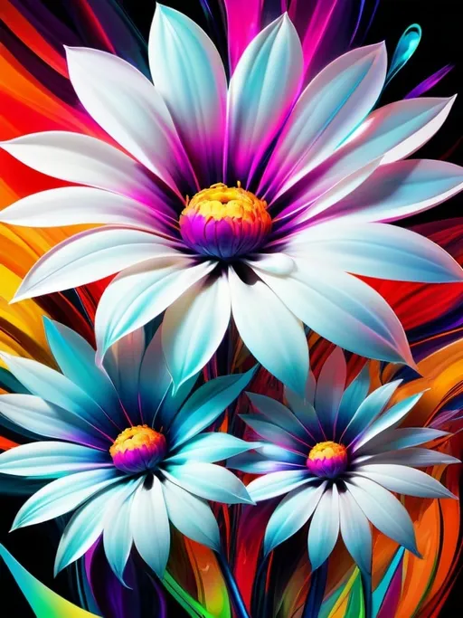 Prompt: Vibrant abstract digital artwork of flowers, dazzling colors, dynamic composition, high energy, modern digital art, vibrant, abstract, digital, high energy, dynamic composition, best quality, colorful, vivid tones, professional lighting