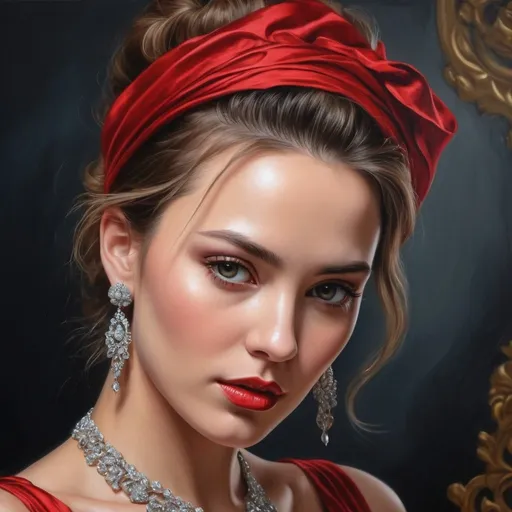 Prompt: <mymodel>Realistic oil painting of a powerful and elegant woman, flowing red gown, intricate jewelry, captivating gaze, detailed facial features, high quality, realistic, oil painting, elegant, flowing gown, powerful, captivating gaze, detailed facial features, intricate jewelry, professional lighting