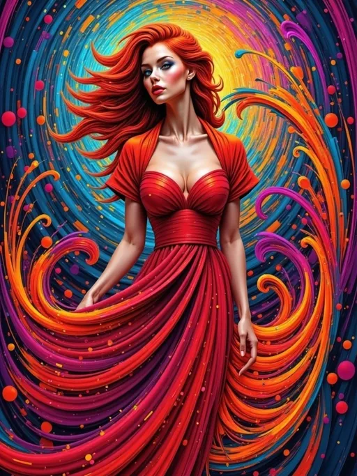 Prompt: Mage Crimson (painting of a well endowed woman in a striking red dress), vibrant, flowing red hair, red cape draping elegantly, (deep blue psychedelic background), surreal forms and patterns intertwining, created in the style of Alphonse Mucha, rich color saturation, ethereal and dreamlike atmosphere, (intricate textures), visually captivating, 4K quality, poster art aesthetic.