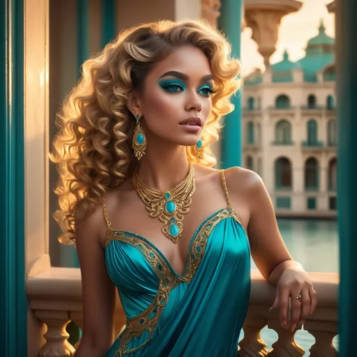 Prompt: Basked in the golden light of a sunset, a stunning figure stands gracefully at the edge of an ornate balcony, overlooking tranquil water. Her voluminous, glamorous curls frame a serene face accentuated by striking turquoise makeup that complements her luxurious evening gown, which drapes elegantly, catching the light. Adorned with intricate gold jewelry featuring vibrant turquoise stones, her ensemble exudes sophistication and allure. Behind her, the architectural beauty of a grand structure highlights a romantic ambiance, merging opulence with a sense of calm. The scene captures a moment of elegance, inviting viewers into a world of beauty and grace.