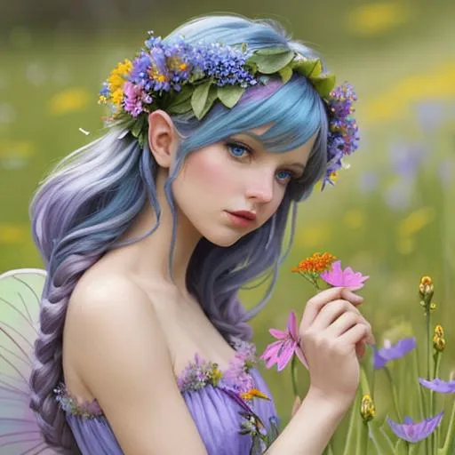 Prompt: a fairy of spring, ,wildflowers, vivid colors, closeup