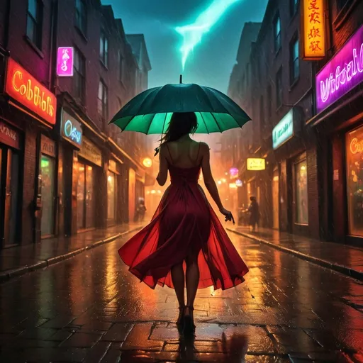 Prompt: Amidst a vibrant, rain-soaked street illuminated by colorful neon signs, a silhouette of a woman in a flowing red dress stands, holding a green umbrella aloft, her back turned towards the viewer. The scene captures an atmospheric night, with the glowing full moon peeking through wispy clouds, casting a mystical light on the cobblestone pavement that reflects the myriad colors surrounding it. Numerous figures clad in dark attire move in the background, shrouded in fog, adding a sense of mystery and depth to the composition. The rich color palette, enhanced by the rain and the soft glow of street lamps, creates a cinematic ambiance, evoking feelings of romance and intrigue. With its stylish blend of modernity and nostalgia, the image tells a story of solitude and anticipation in a bustling urban landscape.
