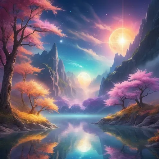 Prompt: (ethereal glow), luminous light radiating, soft illumination, vivid colors, warm ambient tones, magical atmosphere, serene background, enchanting landscapes, high detail, ultra-detailed, vibrant, dreamlike scenery, shimmering reflections, calming hues, captivating visual experience