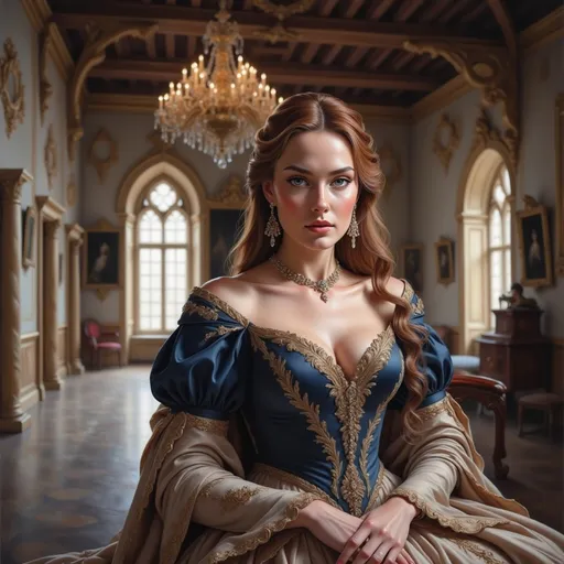 Prompt: a woman in a renaissance dress is posing for a picture in a castle like setting with a chandelier, Artur Tarnowski, renaissance, medieval, a character portrait