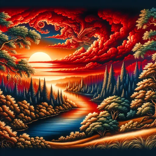 Prompt: a painting of a sunset with a river running through it and trees in the foreground and a red sky, Art Brenner, american scene painting, intricate oil painting, an airbrush painting