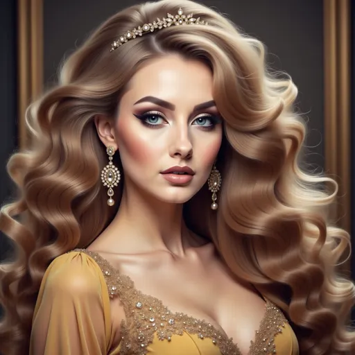 Prompt: a beautiful woman with long hair wearing a golden dress and jewelry on her head, with a tiara and earrings on her head, Charlie Bowater, fantasy art, highly detailed digital painting, a detailed painting